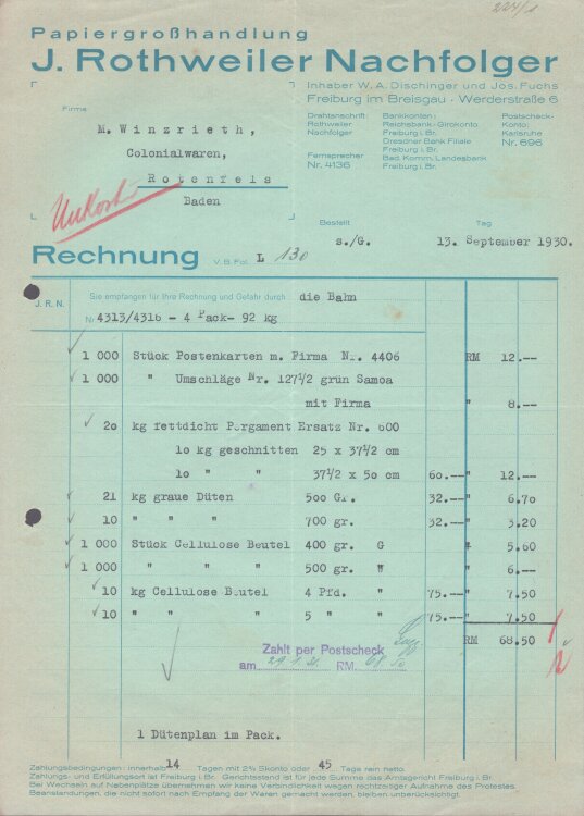 J. Rothweiler Nachfolger Papiergroßhandlung - Rechnung - 13.12.1930