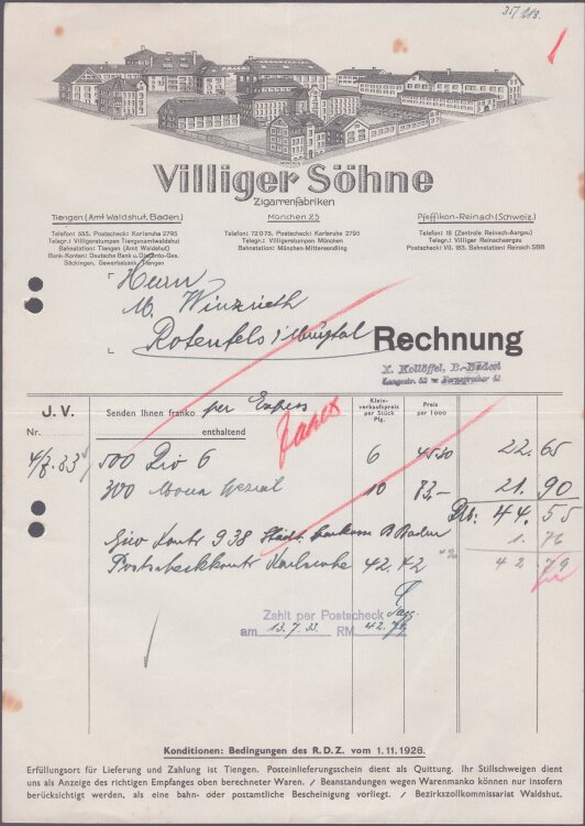 Villiger Söhne Zigarrenfabriken - Rechnung - 13.07.1933