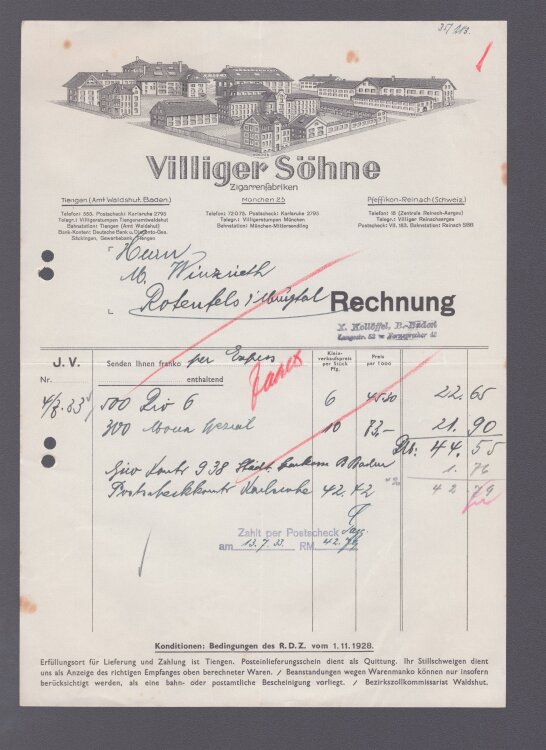 Villiger Söhne Zigarrenfabriken - Rechnung - 13.07.1933