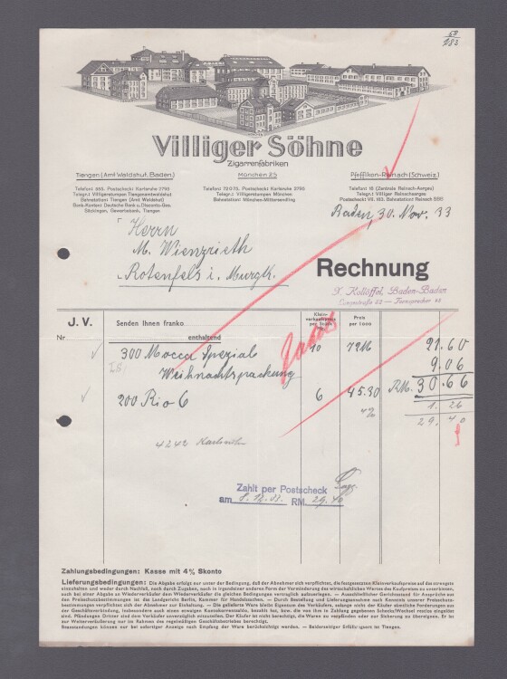 Villiger Söhne Zigarrenfabriken - Rechnung - 30.11.1933