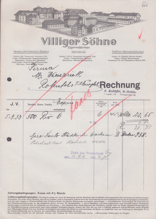 Villiger Söhne Zigarrenfabriken - Rechnung - 05.09.1933