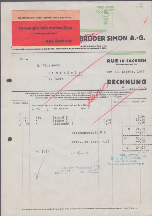 Wäschefabriken Brüder Simon (Wäschesimon) - Rechnung - 12.09.1933