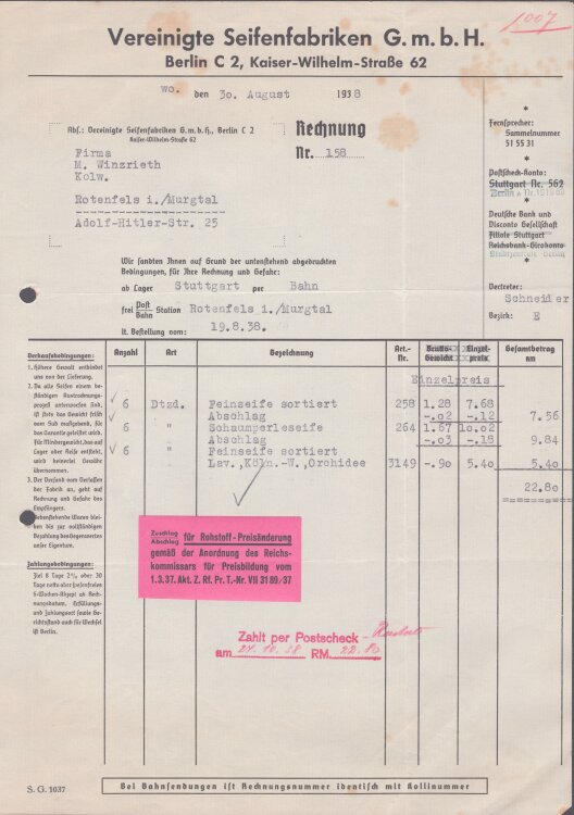 Vereinigte Seifenfabriken GmbH - Rechnung - 19.08.1938