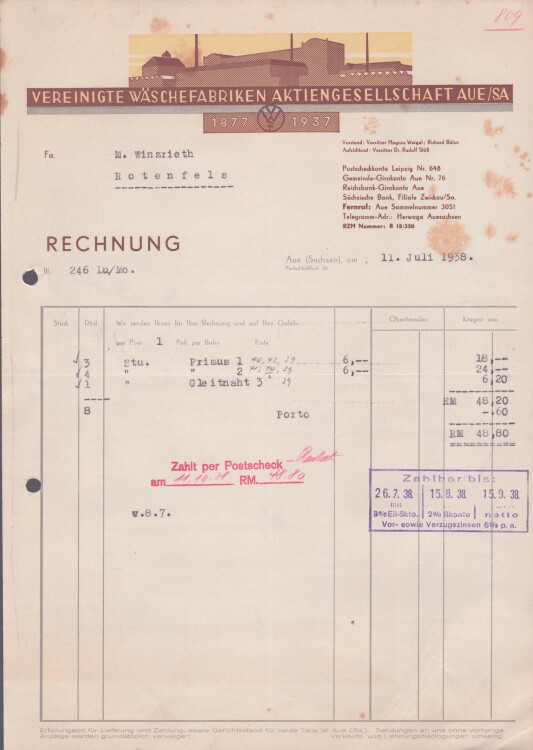 Vereinigte Seifenfabriken GmbH - Rechnung - 19.08.1938