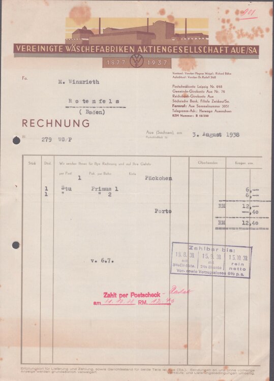 Vereinigte Wäschefabriken AG - Rechnung - 11.07.1938