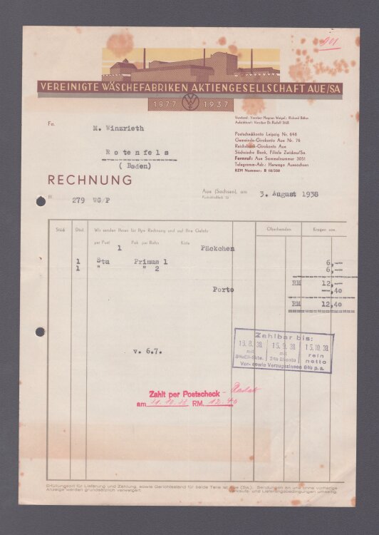 Vereinigte Wäschefabriken AG - Rechnung - 11.07.1938