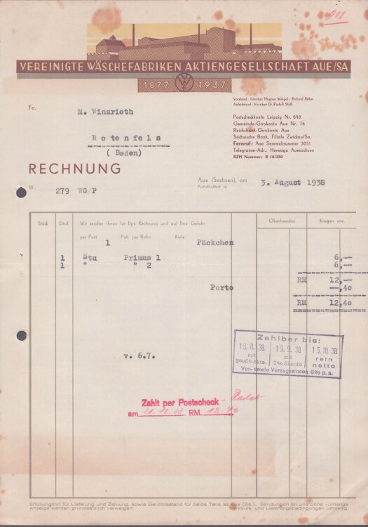 Vereinigte Wäschefabriken AG - Rechnung - 03.08.1938