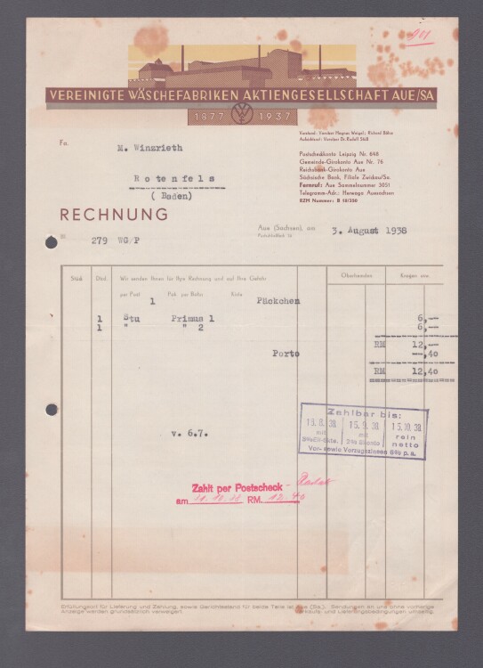 Vereinigte Wäschefabriken AG - Rechnung - 03.08.1938
