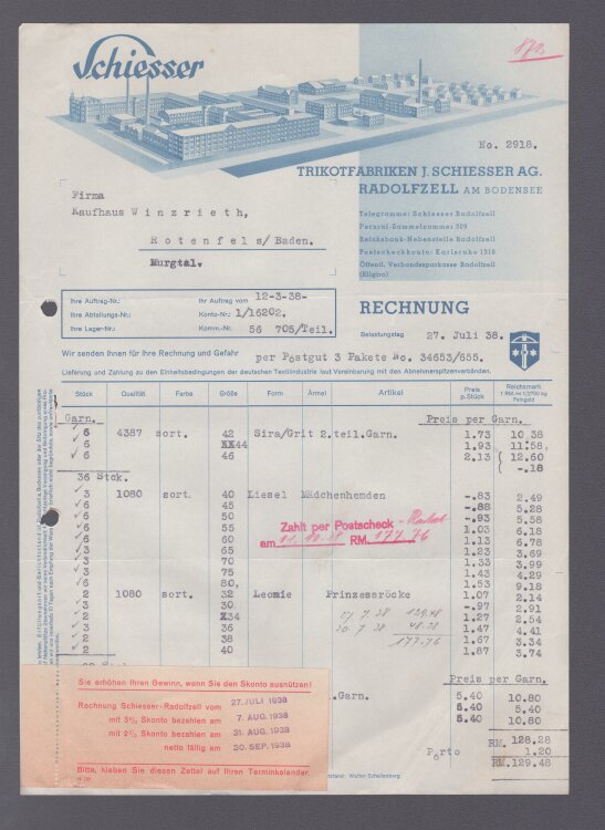 Trikotfabriken J. Schiesser AG - Rechnung - 27.07.1938