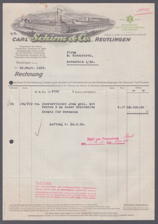 Schirm & Co - Rechnung - 20.09.1938