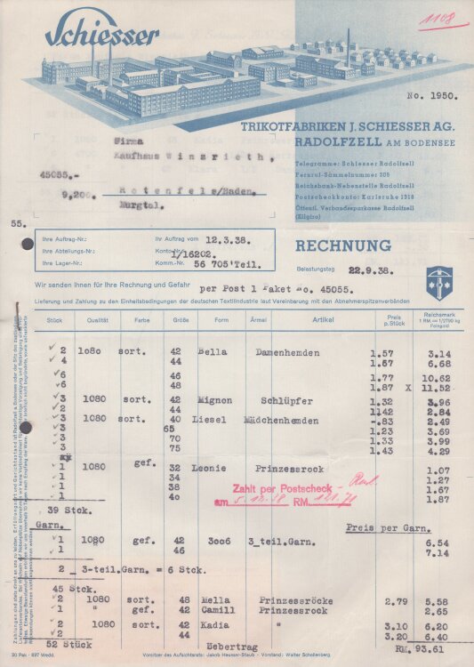 Trikotfabriken J. Schiesser AG - Rechnung - 22.09.1938