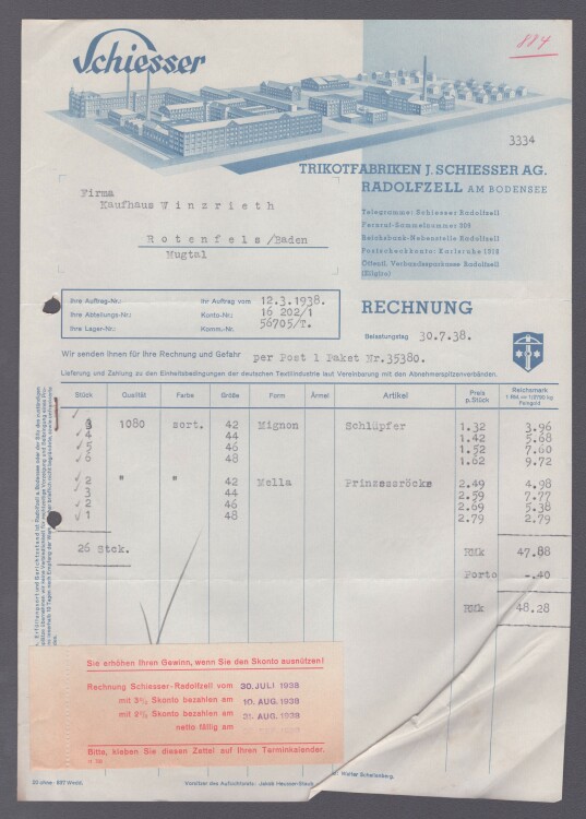 Trikotfabriken J. Schiesser AG - Rechnung - 30.07.1938