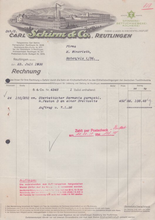 Schirm & Co - Rechnung - 23.07.1938