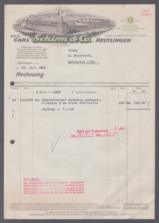 Schirm & Co - Rechnung - 23.07.1938