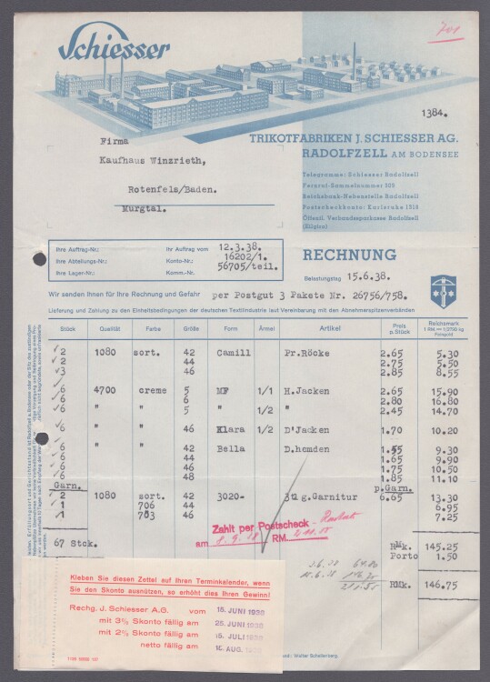 Trikotfabriken J. Schiesser AG - Rechnung - 15.06.1938