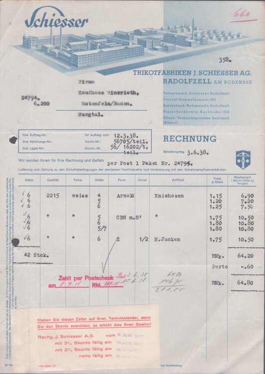 Trikotfabriken J. Schiesser AG - Rechnung - 03.06.1938