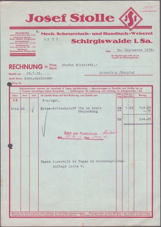 Josef Stolle Mechanische Scheuertuch und Handtuch-Weberei - Rechnung - 30.09.1938