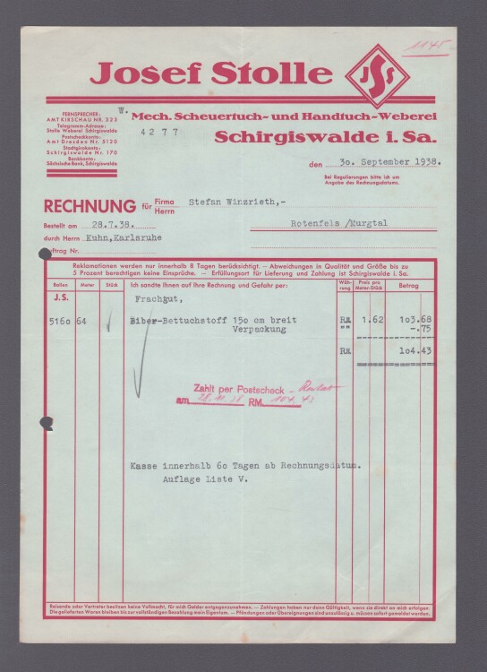 Josef Stolle Mechanische Scheuertuch und Handtuch-Weberei - Rechnung - 30.09.1938