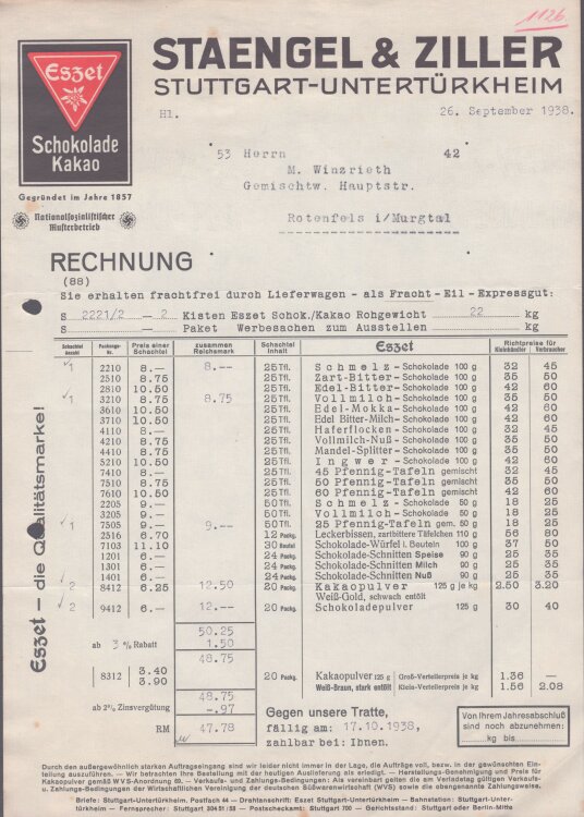 Staengel & Ziller - Rechnung - 26.09.1938
