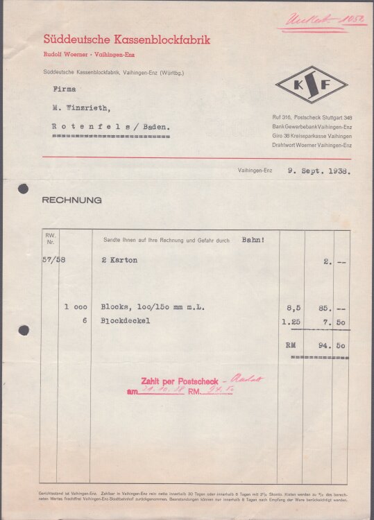 Süddeutsche Kassenblockfabrik Rudolf Woerner - Rechnung - 09.09.1938