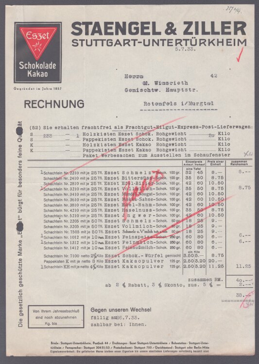 Staengel & Ziller - Rechnung - 05.07.1933