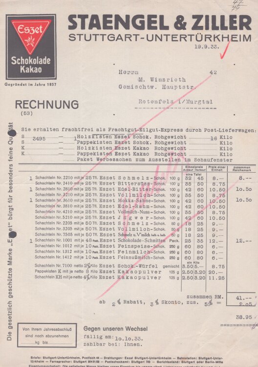 Staengel & Ziller - Rechnung - 19.09.1933