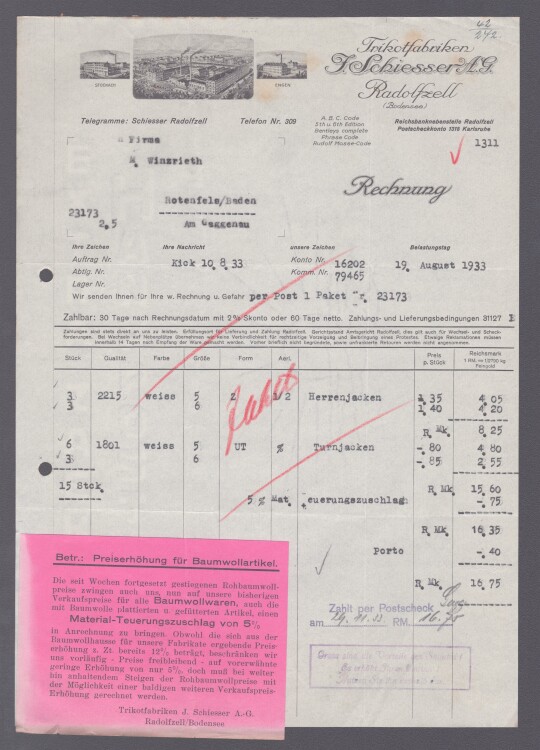 Trikotfabriken J. Schiesser AG - Rechnung - 19.08.1933