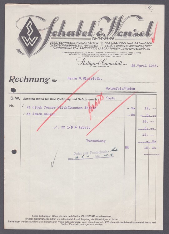 Schabel & Wenzel GmbH - Rechnung - 28.04.1933