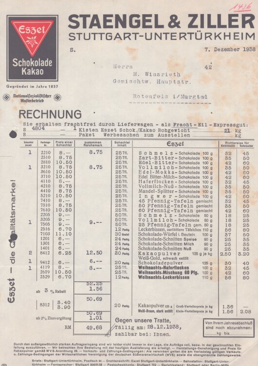 Staengel & Ziller - Rechnung - 07.12.1938