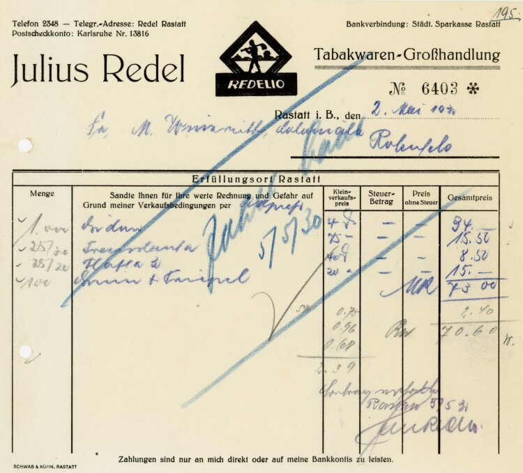 Julius Redel, Tabakwaren-Großhandlung - Rechnung  - 02.05.1931