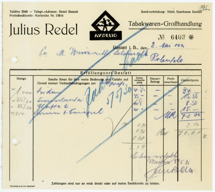 Julius Redel, Tabakwaren-Großhandlung - Rechnung  -...