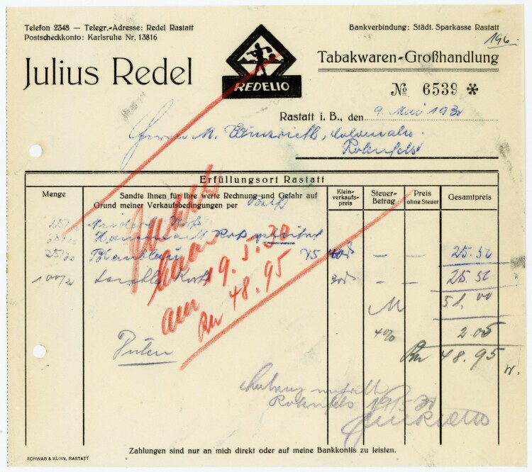 Julius Redel, Tabakwaren-Großhandlung  - Rechnung  - 09.05.1931