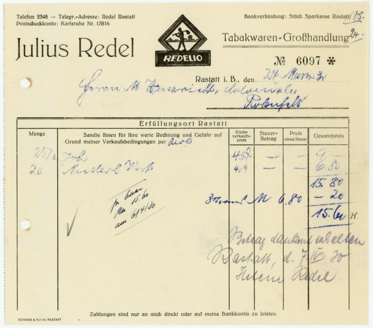 Julius Redel, Tabakwaren-Großhandlung  - Rechnung...