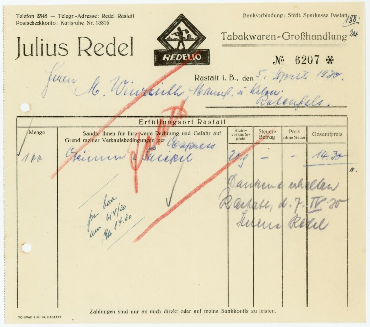 Julius Redel, Tabakwaren-Großhandlung  - Rechnung - 05.04.1930
