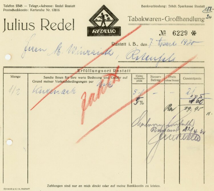 Julius Redel, Tabakwaren-Großhandlung  - Rechnung  - 07.04.1930