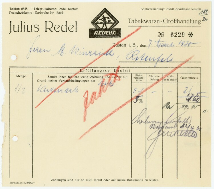 Julius Redel, Tabakwaren-Großhandlung  - Rechnung  - 07.04.1930