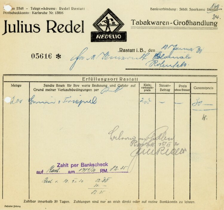 Julius Redel, Tabakwaren-Großhandlung  - Rechnung  - 10.01.1930