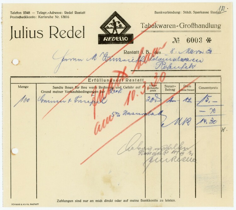 Julius Redel, Tabakwaren-Großhandlung  - Rechnung - 08.03.1930