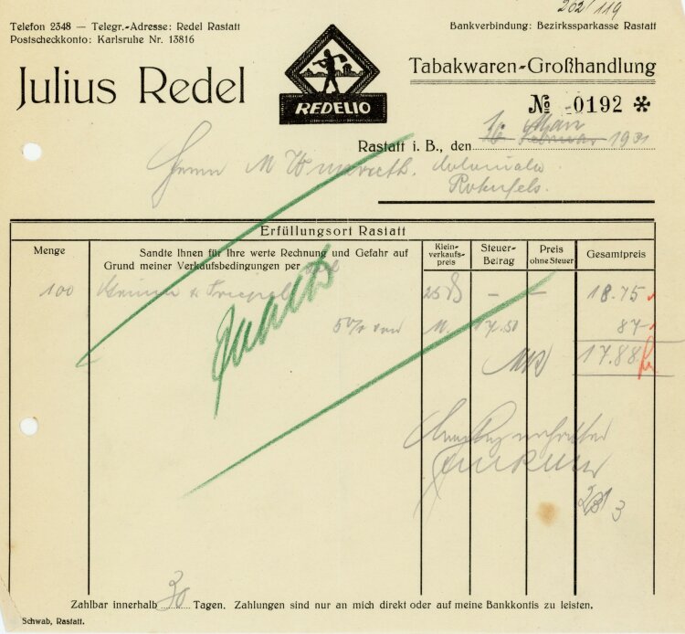 Julius Redel, Tabakwaren-Großhandlung  - Rechnung  - 01.03.1931
