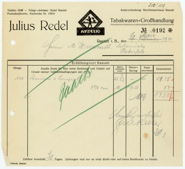 Julius Redel, Tabakwaren-Großhandlung  - Rechnung  - 01.03.1931