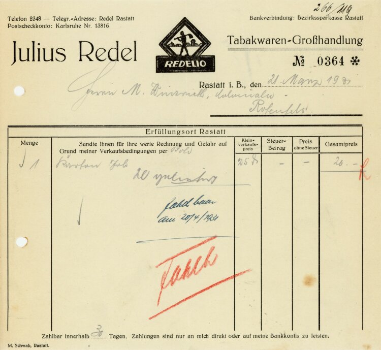 Julius Redel, Tabakwaren-Großhandlung  - Rechnung  - 21.03.1931