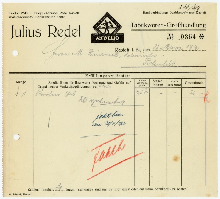 Julius Redel, Tabakwaren-Großhandlung  - Rechnung  - 21.03.1931