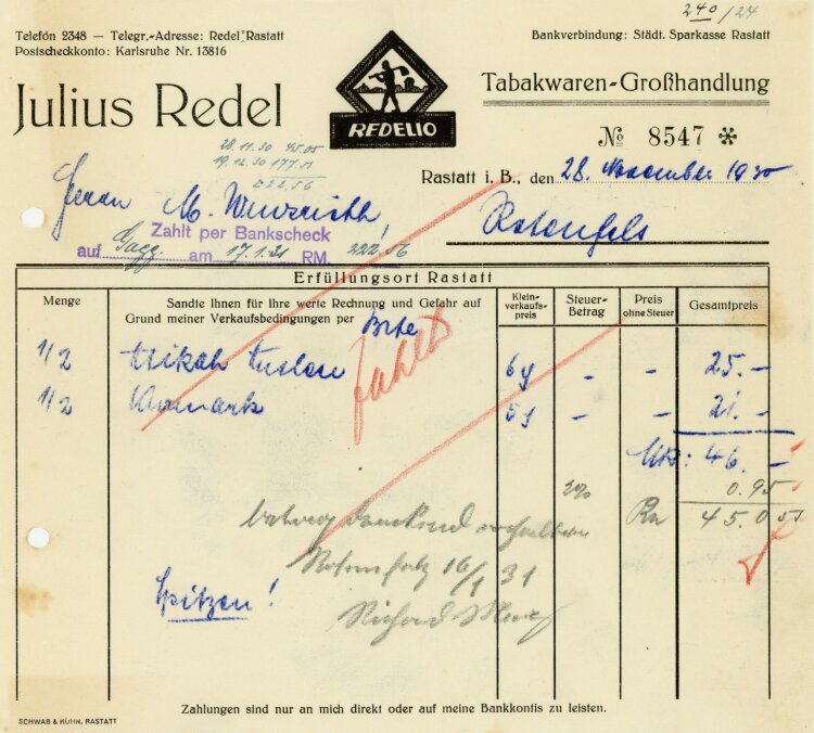 Julius Redel, Tabakwaren-Großhandlung  - Rechnung  - 28.11.1930