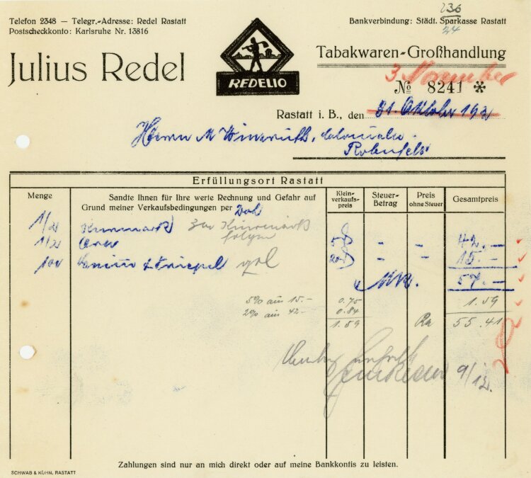 Julius Redel, Tabakwaren-Großhandlung  - Rechnung  - 03.11.1931