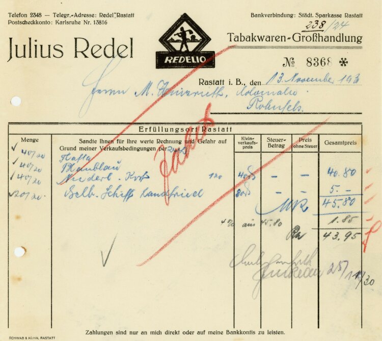 Julius Redel, Tabakwaren-Großhandlung  - Rechnung  - 13.11.1930