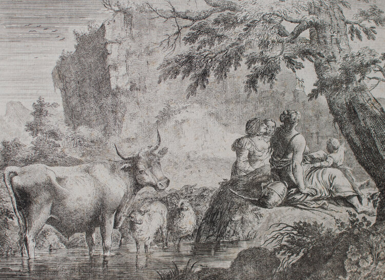 Unbekannt - Landschaft mit Hirtinnen, einem Stier und Schafen - o.J. - Radierung