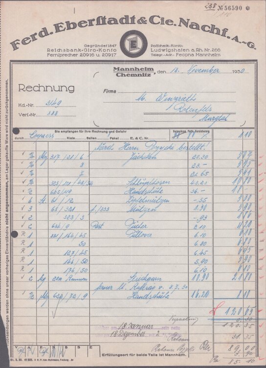 Ferd Eberstadt u Cie Nachfahren AG - Rechnung - 18.11.1930