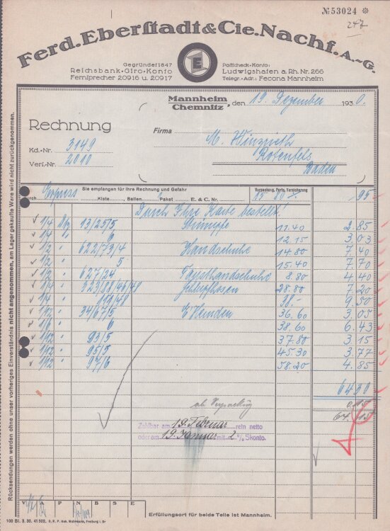 Ferd Eberstadt u Cie Nachfahren AG - Rechnung - 19.12.1930