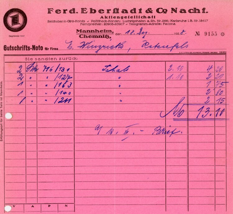 Ferd. Eberstadt & Co Nachf. Aktiengesellschaft - Rechnung über Stoff  - 18.12.1928