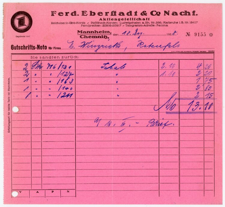 Ferd. Eberstadt & Co Nachf. Aktiengesellschaft - Rechnung über Stoff  - 18.12.1928